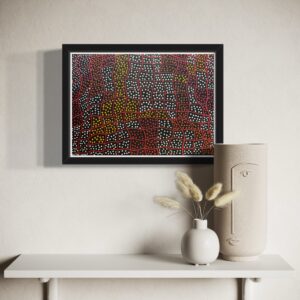 An intricate Aboriginal artwork featuring traditional dot painting techniques, with gold and copper tones creating a shimmering effect. The design includes organic patterns and symbols that flow harmoniously, showcasing cultural stories and connection to the land