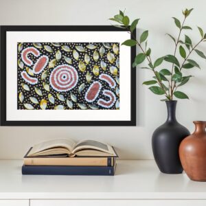 Two woman getting bush seeds<br> Sharon Napanangka Butcher <br> 35cm x 24cm